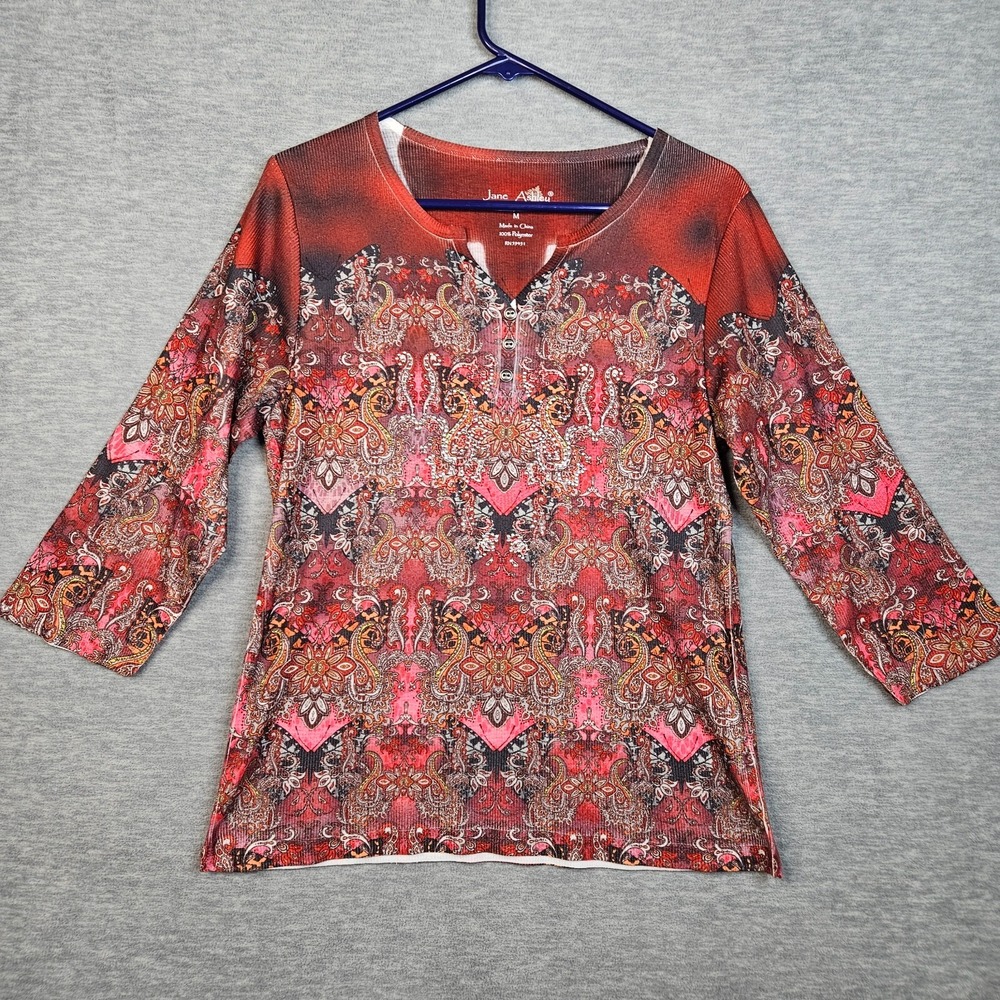 Jane Ashley Women's V-neck 3/4 Sleeve Boho Top Size M